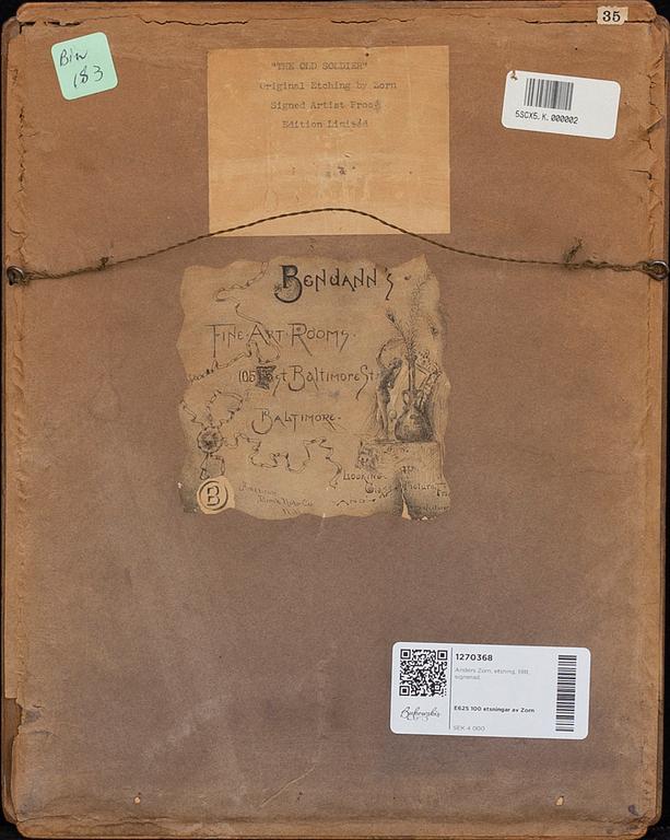 Anders Zorn, a signed etching from 1911.