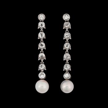 1102. A pair of diamond and natural fresh water pearl earrings.