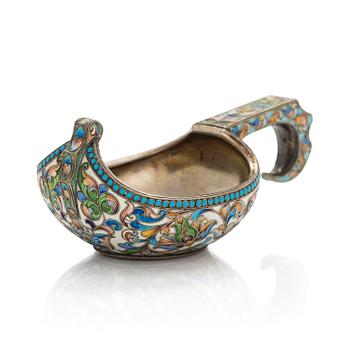 Khlebnikov, a silver-gilt and cloisonné enamel kovsh, Moscow 1908-1917.