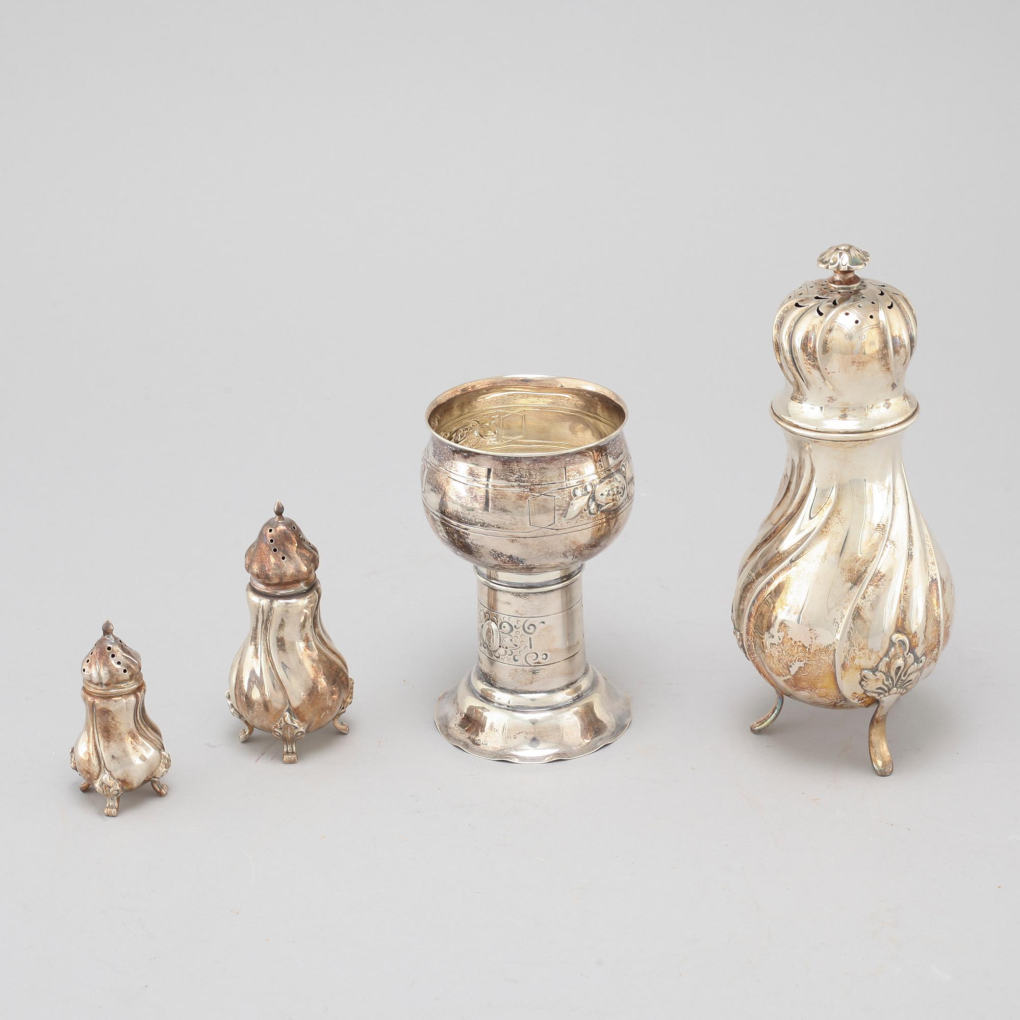 Three silver shakers and chalice, K. Anderson and import marks, first half of the 20th century.