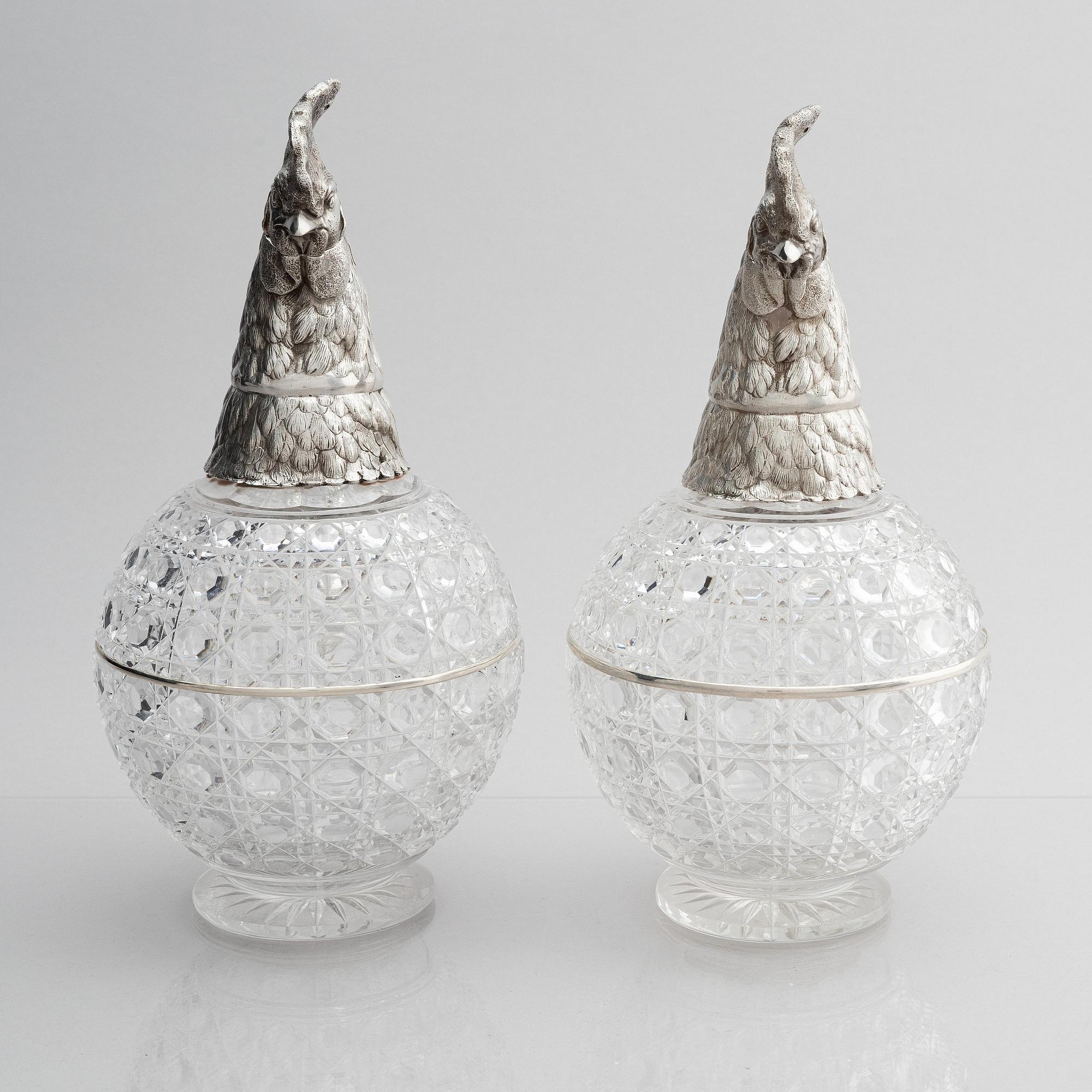 A pair of silver and cut-glass decanters, mark of Gratchev company, St. Petersburg 1908-1917.