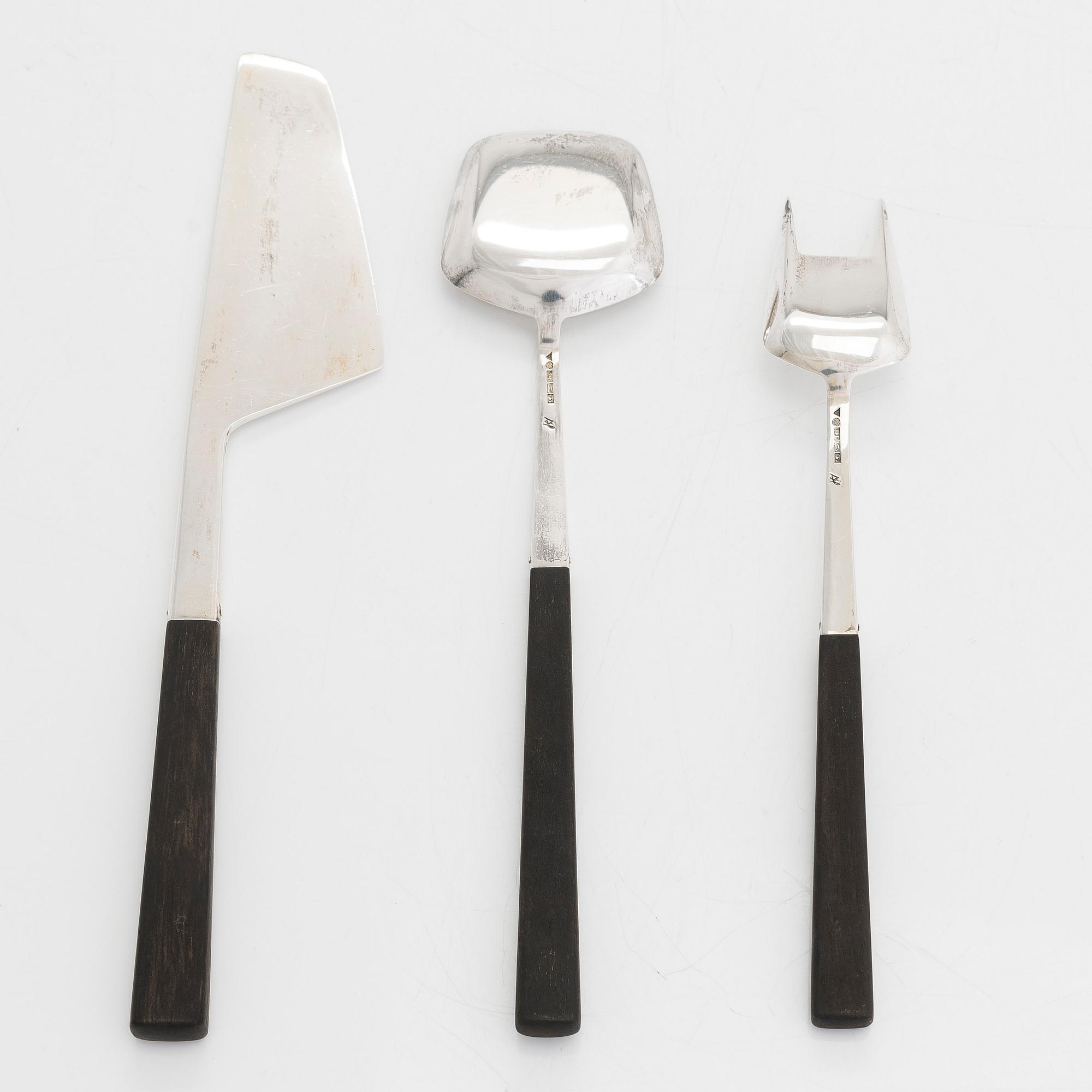 Mauno Honkanen, serveringsbestick 3 dlr, silver, Tillander, Helsingfors 1957. I originaletui,