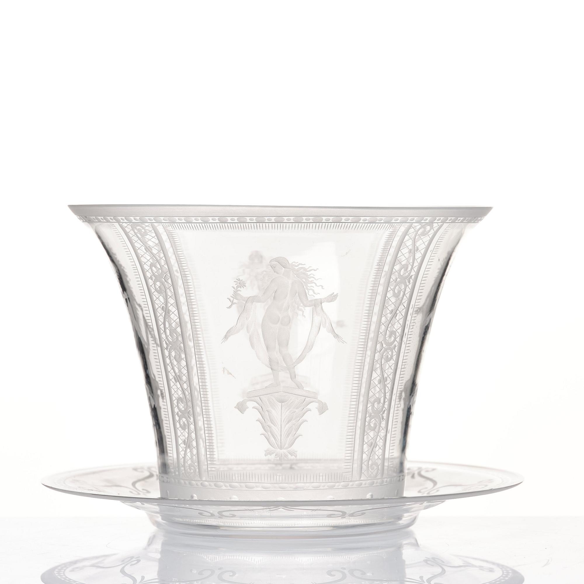 Simon Gate, an glass bowl with plate, Orrefors 1924, engraved by Karl Müller.