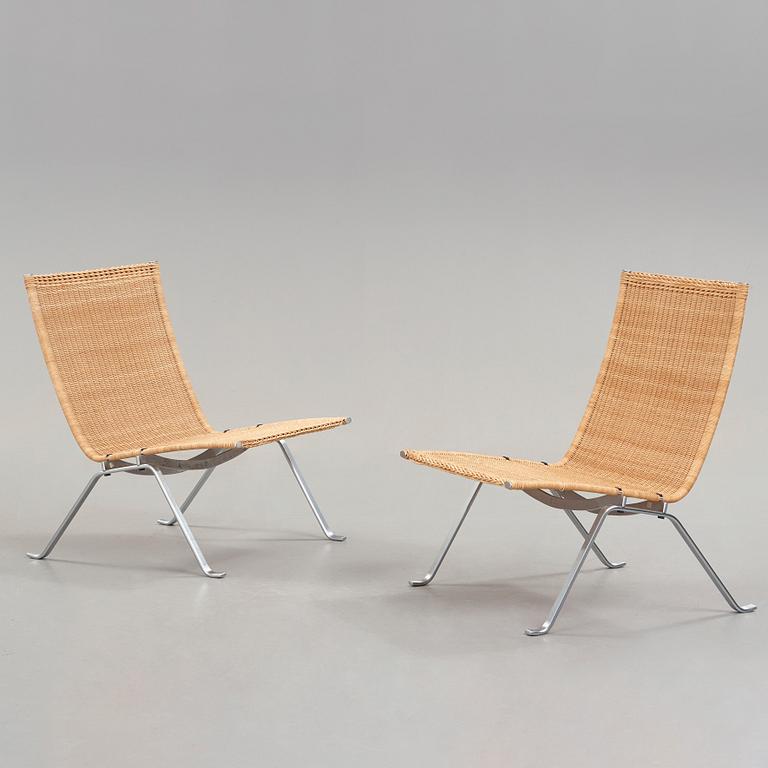 Poul Kjaerholm, a pair of 'PK-22' steel and rattan easy chairs by E Kold Christensen, Denmark.