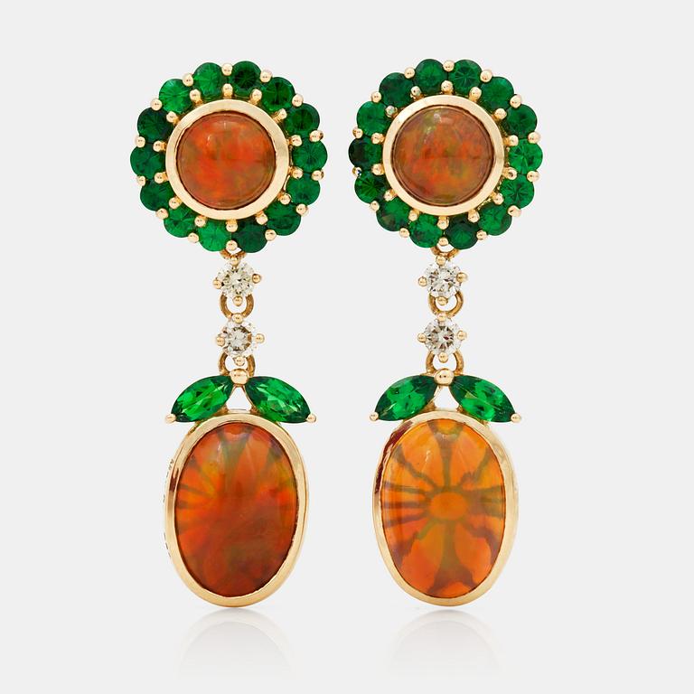 A pair of opal, tsavorite and brilliant-cut diamond earrings.