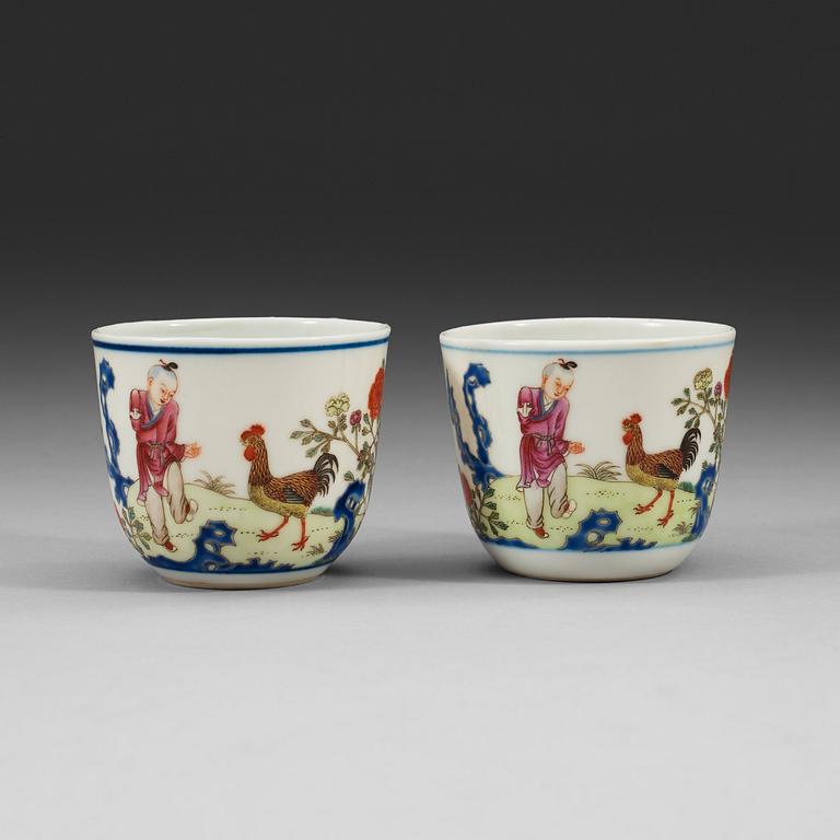 A pair of famille rose rooster cups, China, second half of the 20th century, sealmark in red.