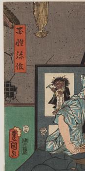 UTAGAWA KUNISADA (1786–1864), färgträsnitt, två stycken. Japan, 1800-tal, "Tale of Shiranui".