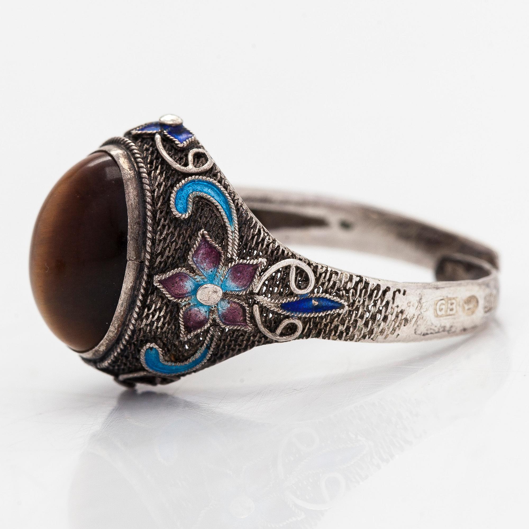 A jewelry set, bracelet, ring, and earrings, silver .916, enamel, and tiger's eye, Finnish import hallmarks 1956.