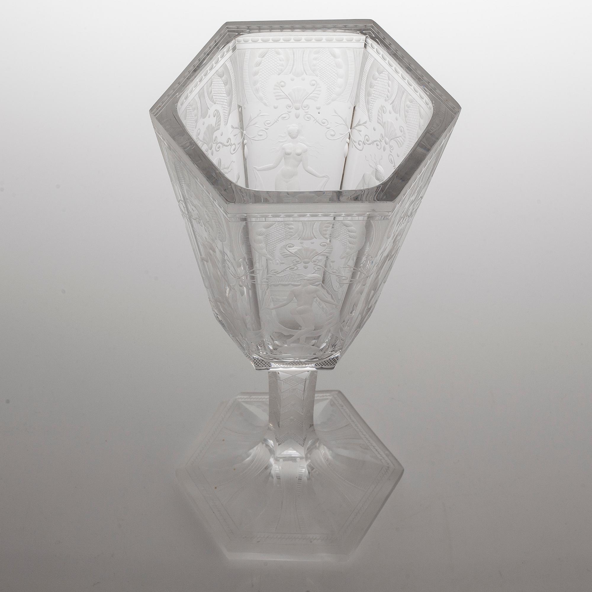 A glass vase, "Sex Gracer" by Simon Gate, Orrefors, second quarter of the 20th century.