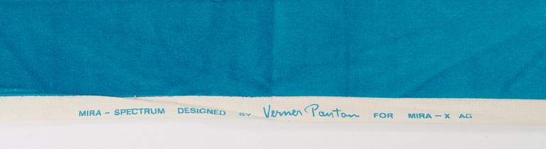 Verner Panton, CURTAIN AND SAMPLERS, 5 PIECES.  Cotton velor. A variety of blue nuances and patterns. Verner Panton.