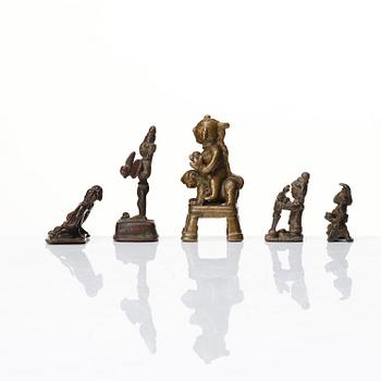 A set of five bronze miniature sculptures of deities, India.