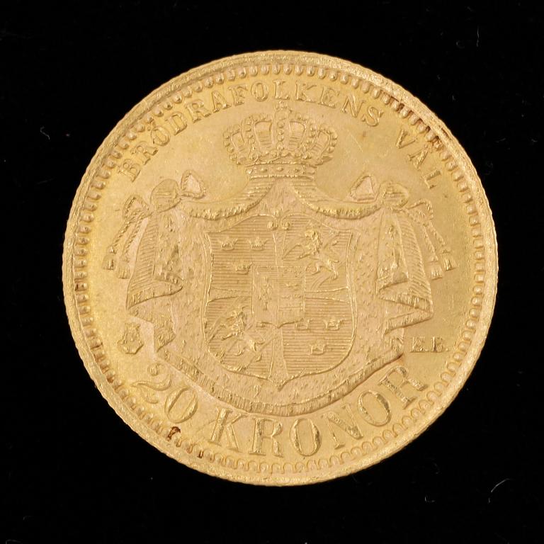 GULDMYNT, 20 Kronor, Oscar II, Sverige-Norge 1878. Vikt ca 8 gram.