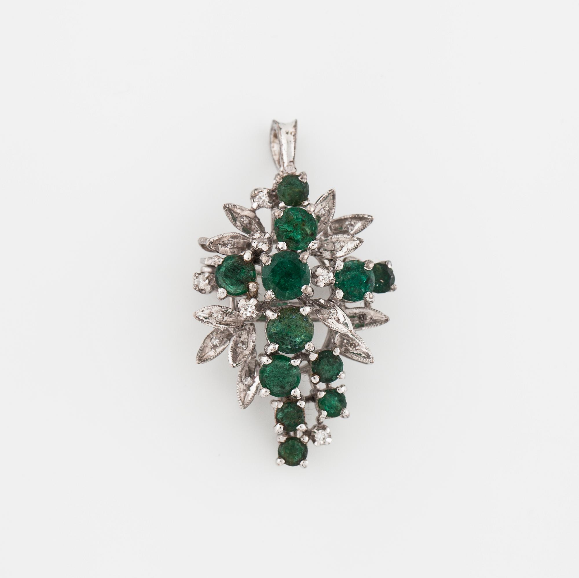BROSCH /COLLIER, med åttkantslipade diamanter och smaragder.