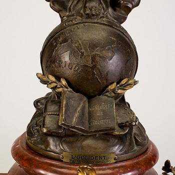 A mantel clock with sculpture "L'occident" after Émile Bruchon from the turn of the century 1800/1900.