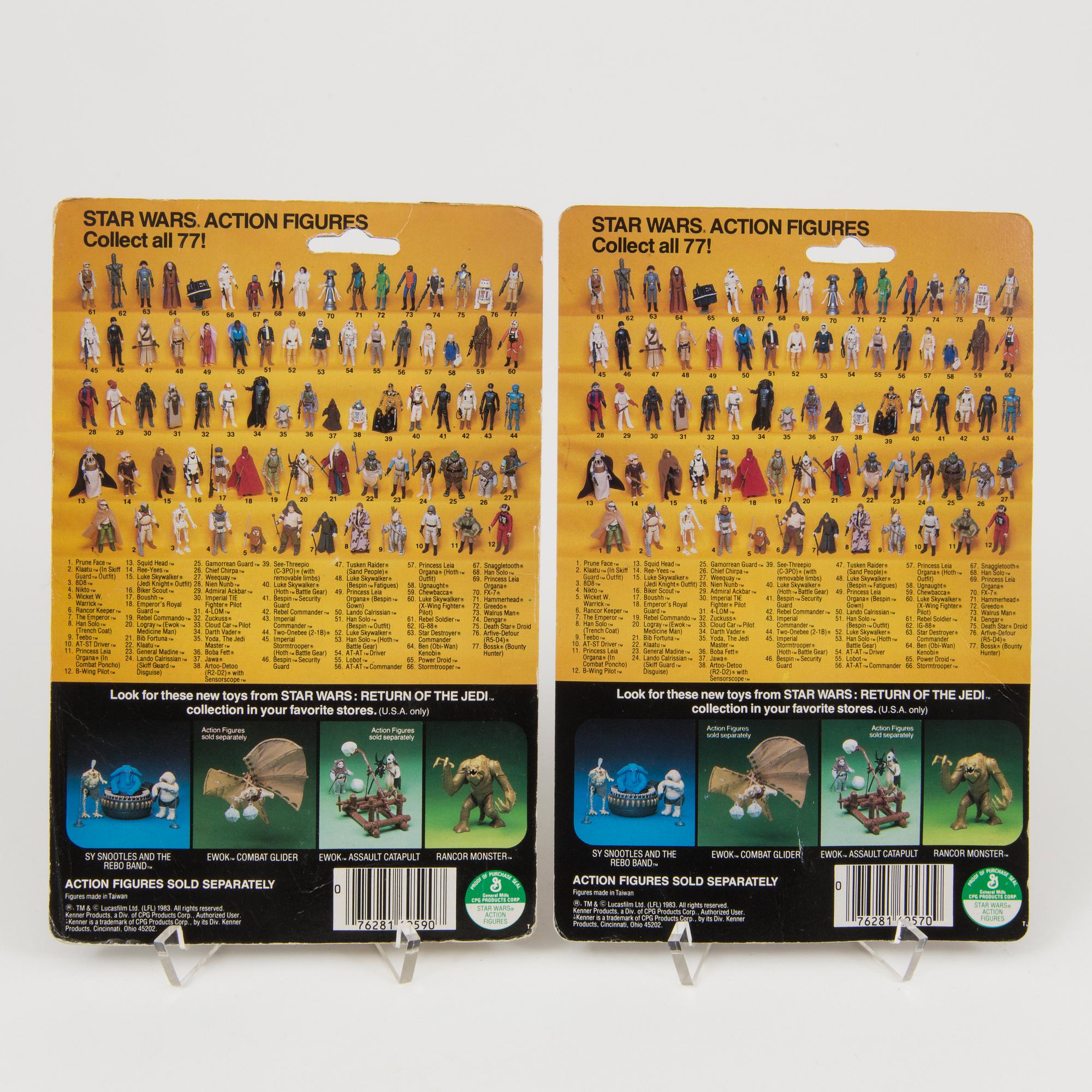 STAR WARS, 4 stycken figurer i Return of the Jedi förpackning, Kenner och Palitoy 1980-tal.