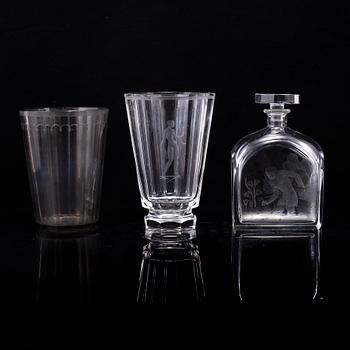Simon Gate, two glass vases and a decanter, Orrefors.
