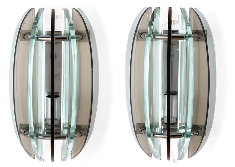 A pair of Italian glass and chromium plated wall lights, Veca, circa 1960.