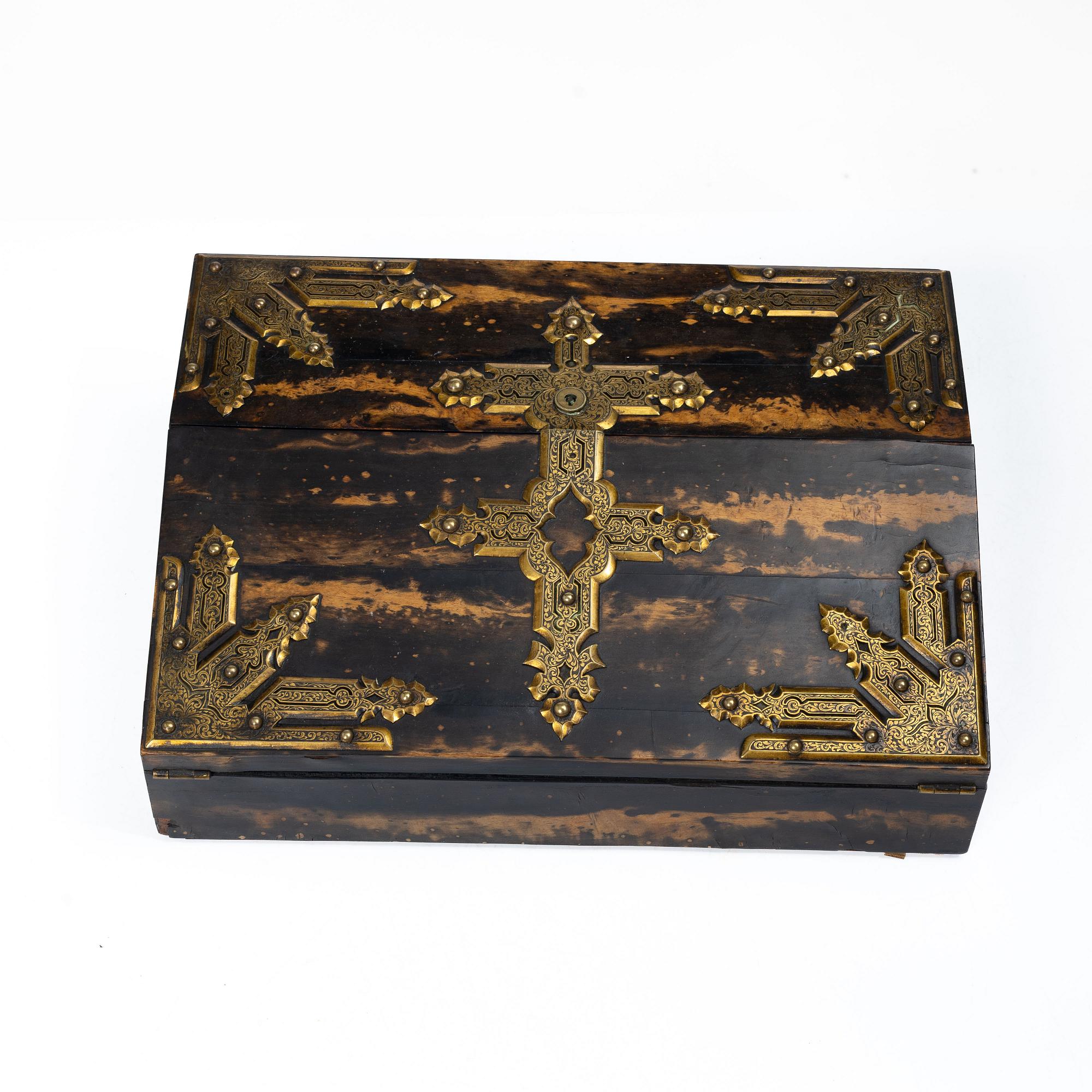 A Victorian faux-tortoise writing box by Betjemann & Sons, London.