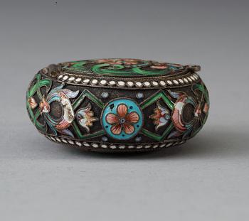 A Russian silver and cloisonné enamel piller-box, unidentified maker, Moscow 1896-1908.