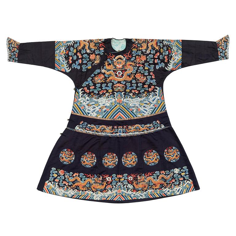 A midnight blue silk 'Chao Pao'/ceremonial robe, Qing dynasty, 1850's.