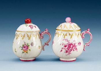 1224. Two Marieberg soft paste custard cups with covers, 18th Century. (2).