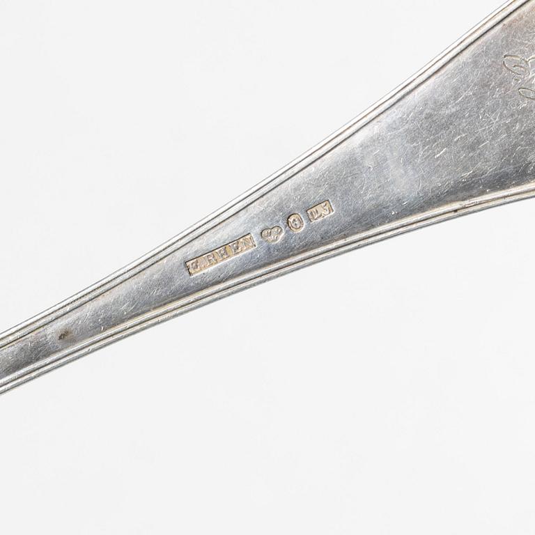 Matskedar, 8 st, silver, modell "Gammal Fransk", Sverige, bl a Edvard Rhen, Örnsköldsvik 1882.