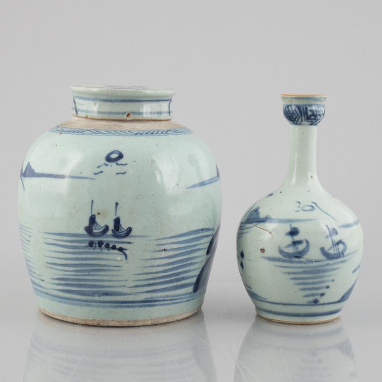 A porcelain flask and urn with cover, China, Qing dynasty, 19th century.