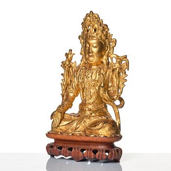 A cold gilt bronze figure of Avalokiteshvara, Ming dynasty (1368-1644).