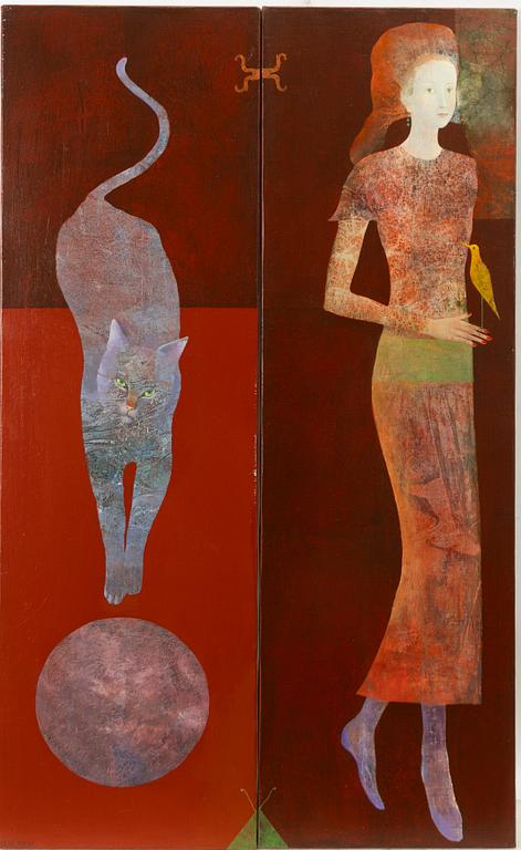 Dorina Mocan, Cat, Woman and Canary (diptych).