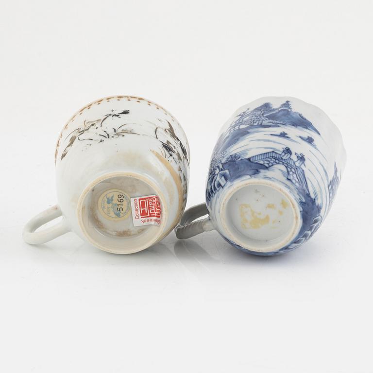 Two Chinese export porcelain cups with saucers, two cups, and a figurine, Qing Dynasty, 18th century.