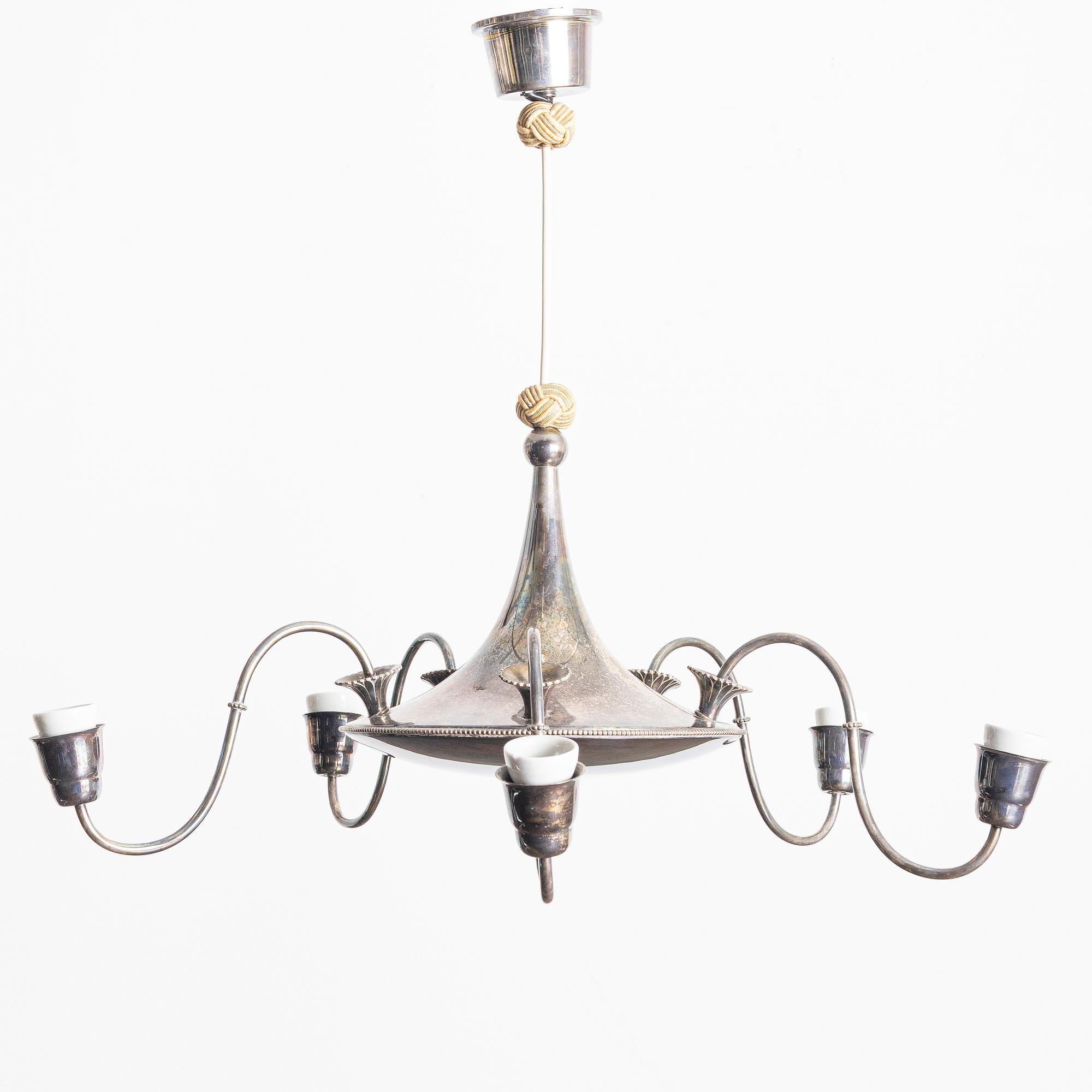 Elis Bergh, Attributed to. Ceiling lamp, silver plate, Swedish Grace, 1920s-30s.