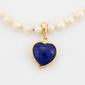 Cultured pearl necklace, with heart shaped charm.