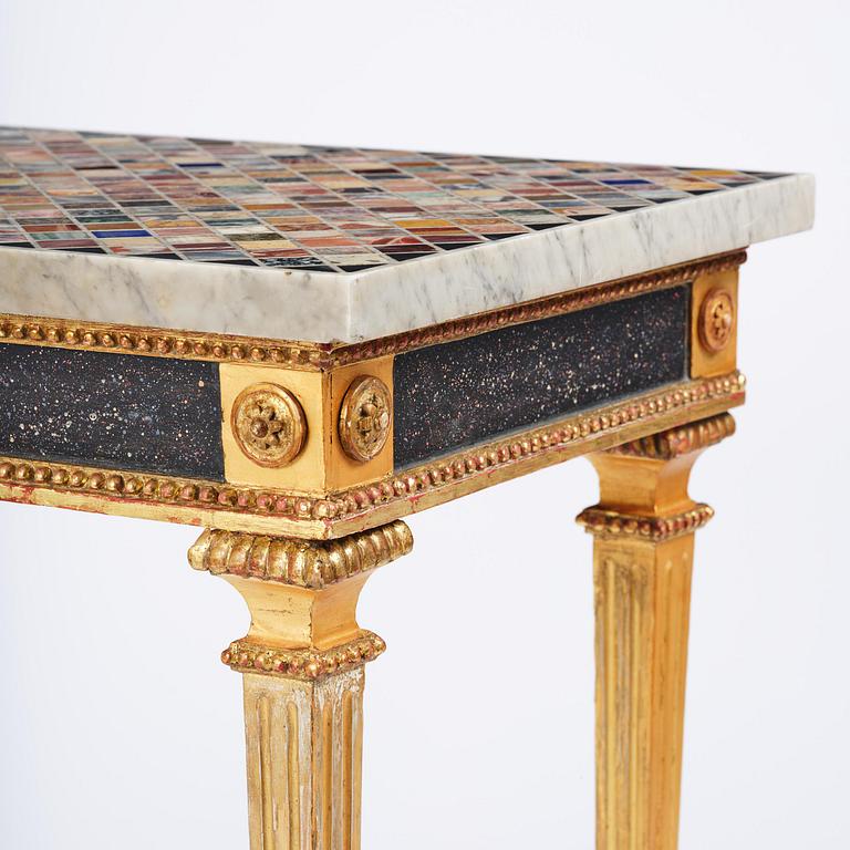 A late Gustavian giltwood console table with an Italian specimen-marble top , Stockholm, late 18th century.