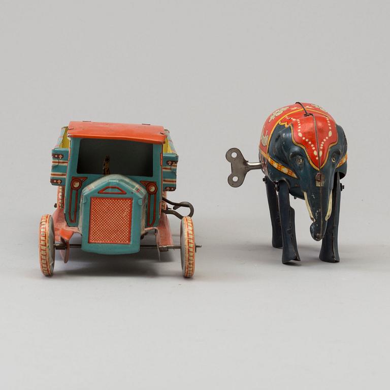 Two tin toys including "Jumbo" the elephant by BLOMER & SCHULER Germany and a car, mid 20th century.