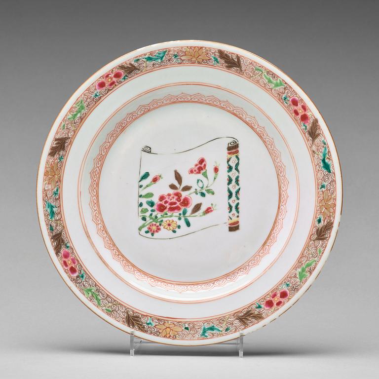 A set of 12 famille rose dinner plates, Qing dynasty, Qianlong (1736-95).