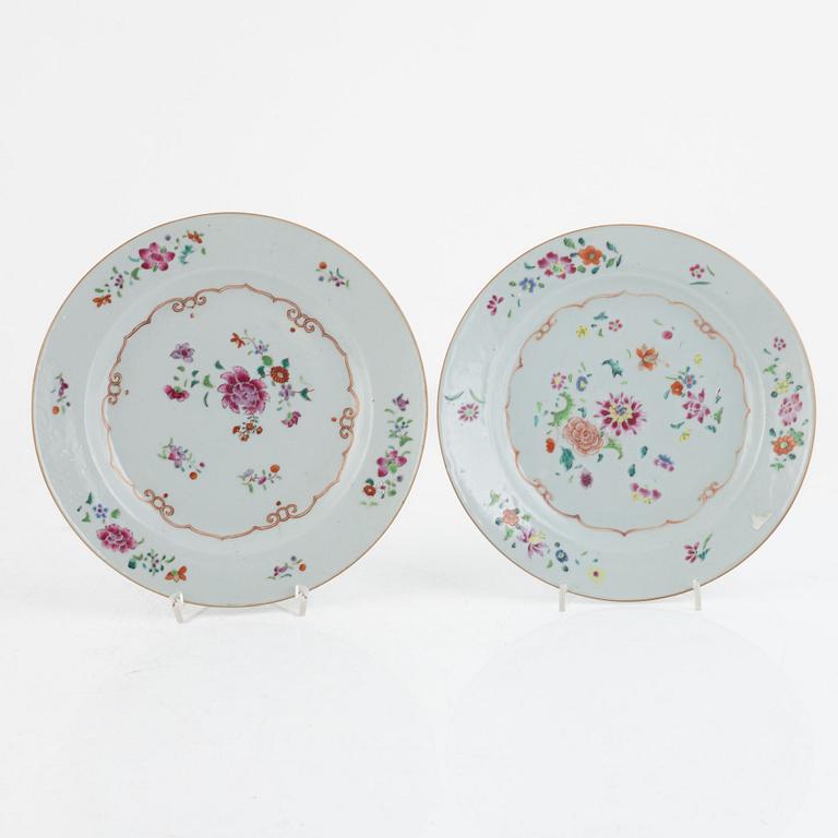 A set of five Chinese porcelain famille rose plates and one 'double peacock' plate, Qing dynasty, Qianlong (1736-95).