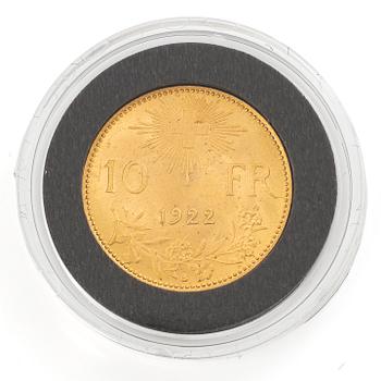 Guldmynt, Schweiz, 10 franc, 1922,