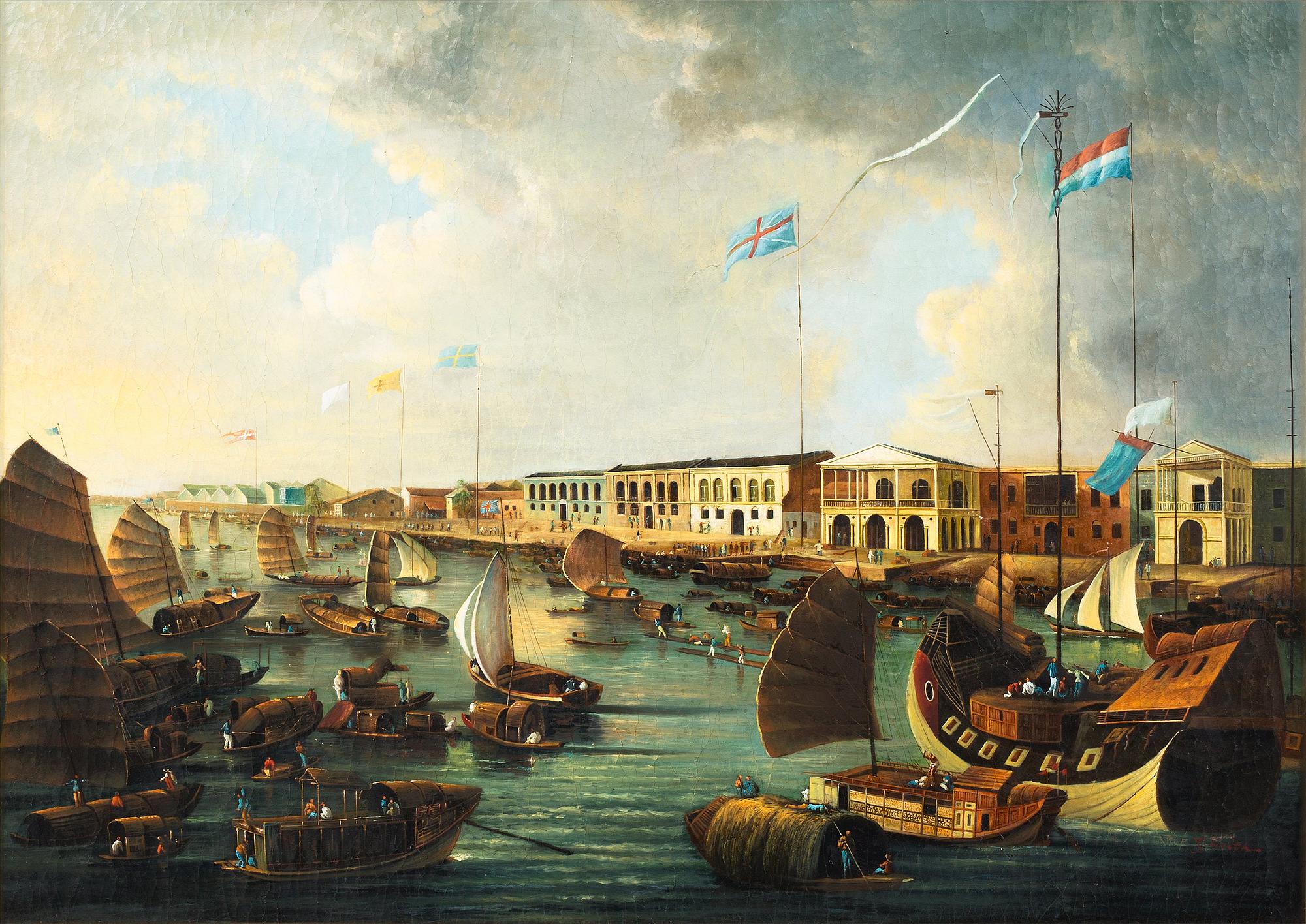 OKÄND KONSTNÄR, olja på duk. Kanton, sent 1800-tal /1900-tal.