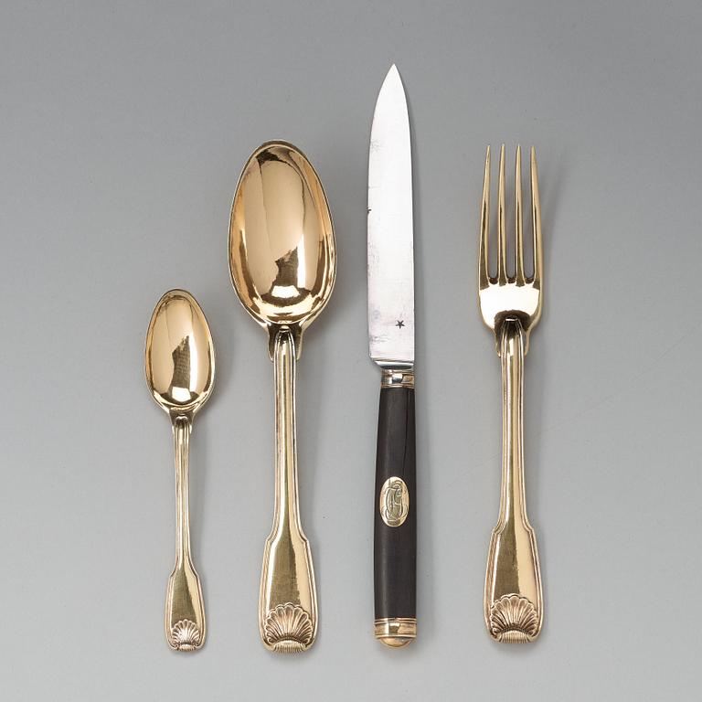 A five piece set of silver-gilt travel-cutlery, unidentifiable makers mark, Paris 1798-1809, in original box.