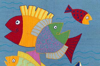 Matta, kelim, handbroderad, blå botten, ca 184 x 113 cm.