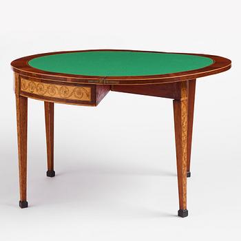 A Russian Louis XVI mahogany and birch parquetry demi-lune games table, late 18th century.