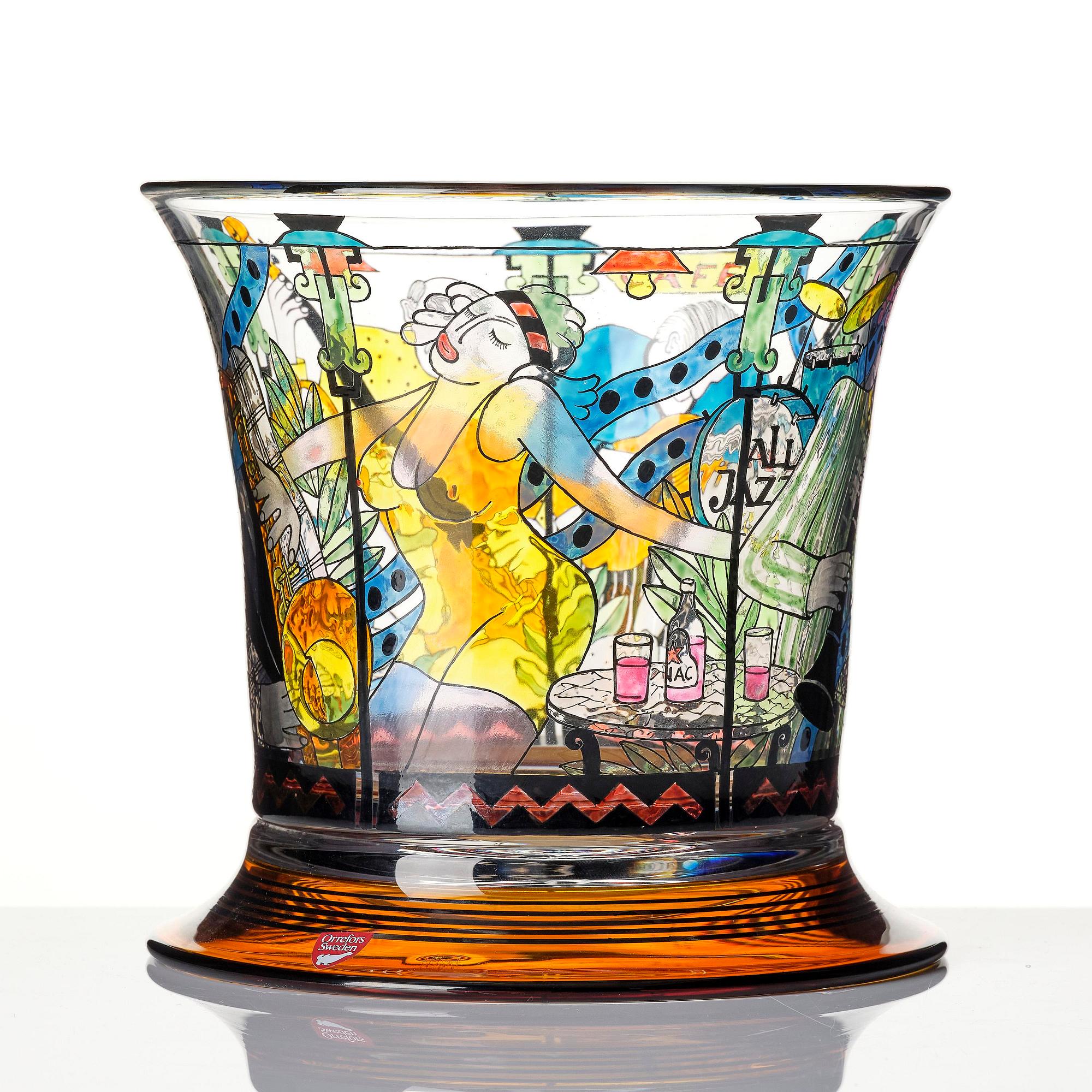 Gunnar Cyrén, a glass vase, "Jazz at the Café", Orrefors 1990.