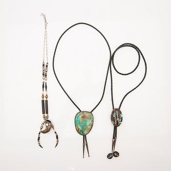 Cowboy ties, 2 pcs, sterling silver with turquoises and stones, and a necklace.