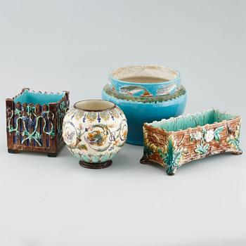 Four majolica pots, three marked Rörstrand, around year 1900.