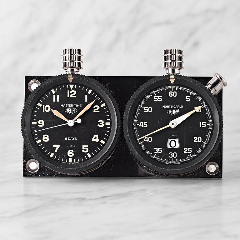 HEUER, Master-Time 8-Days and Monte-Carlo stop watch, dash-mounted timepieces.