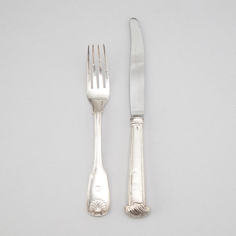 6+6 silver cutlery, some with mark of Gustaf Möllenborg, Stockholm 1866.