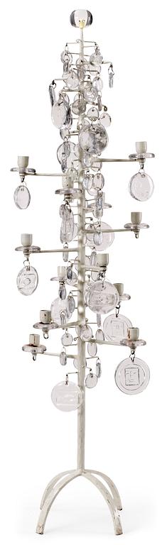 An Erik Höglund white lacquered iron and glass candelabrum for twelve candles by  Boda Glasbruk & Smide, probably 1970's.
