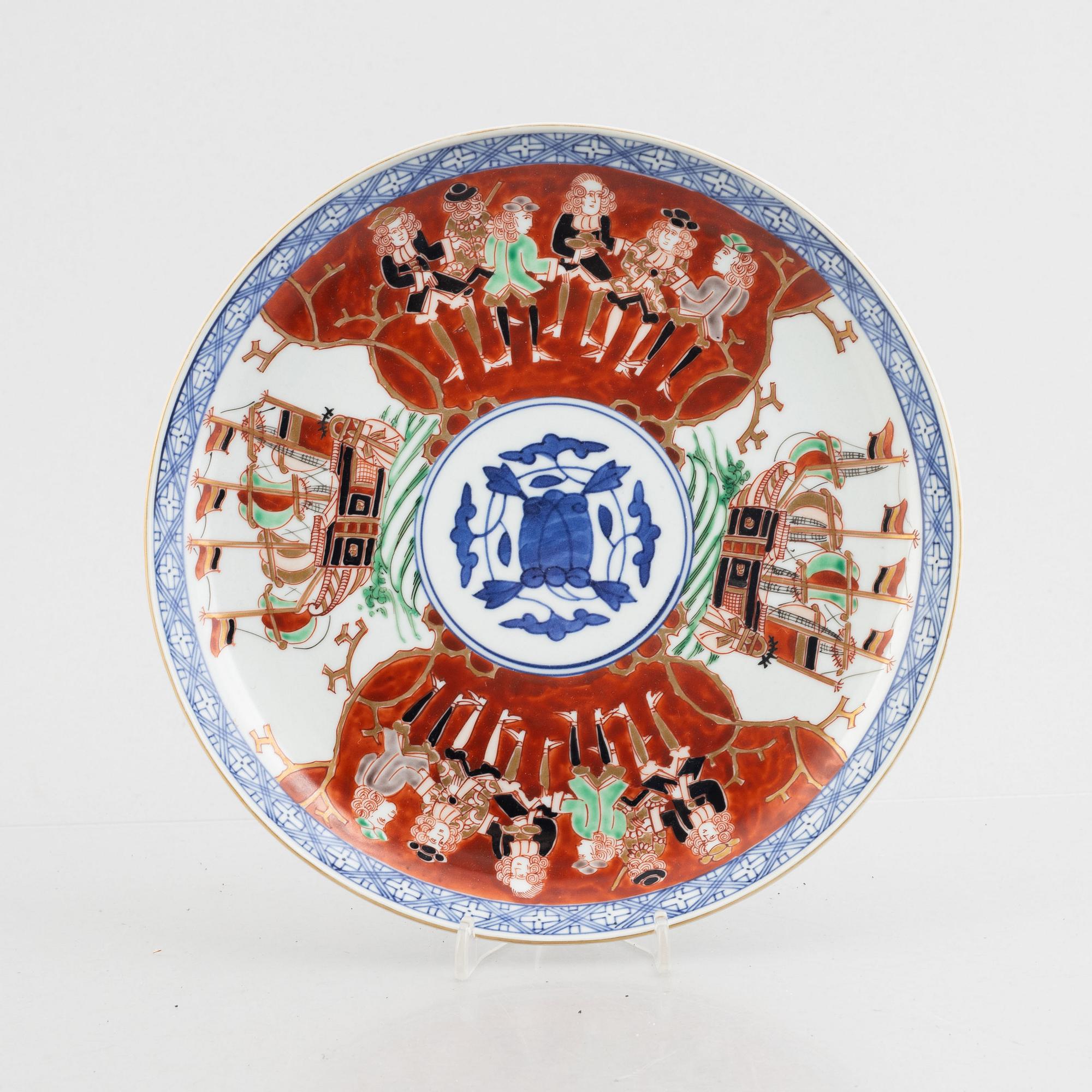 A Japanese 'Black Ship' namtan porcelain dish, Meiji/early 20th century.