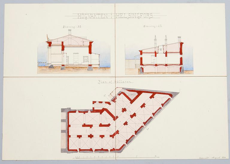 ARKITEKTRITNING, 2 st, akvareller, daterad 1893 i Helsingfors.