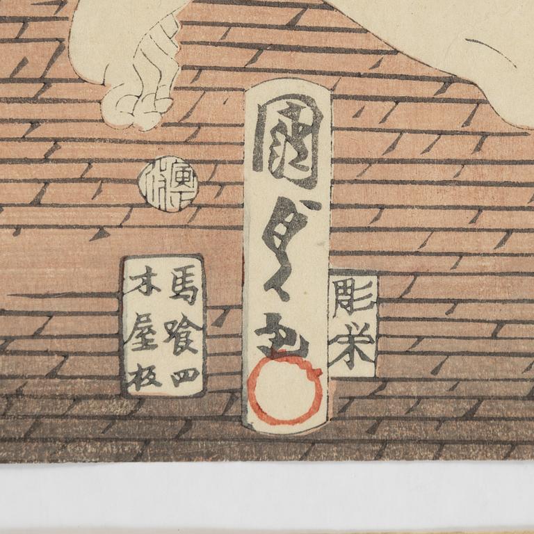 Utagawa School, a set of four woodblock prints in colours, mid/later part of the 19th Century.